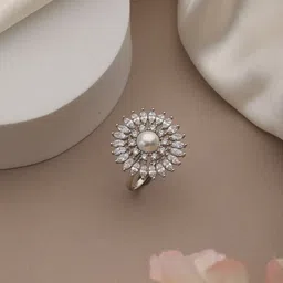 Saraf RS Jewellery Silver-Plated Pearl Stone-Studded Adjustable Finger Ring image 1