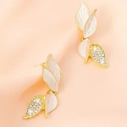 Krelin Gold-Plated Enamelled Zircon Studded Leaf Shaped Drop Earrings-picture-39