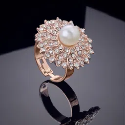 Estele Rose Gold-Plated Crystal-Studded & Pearl Beaded Adjustable Finger Ring-image-34