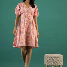 SANSKRUTIHOMES Floral Printed Puff Sleeves Gathered Cotton A-line Ethnic Dress-picture-34