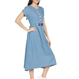 BAESD Ethnic Motifs Embroidered Gathered Detailed A-Line Denim Dress-image-0