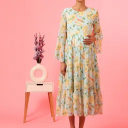 House Of Zelena Floral Print Bell Sleeve Georgette Maternity Fit & Flare Midi Dress-image-12