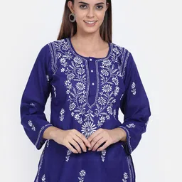 PARAMOUNT CHIKAN Blue Ethnic Motifs Embroidered Chikankari Pure Cotton Chikankari Kurti-image-98