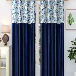 Homefab India Stylish Fern Navy Blue & White 2 Pieces Floral Printed Long Door Curtains-image-81
