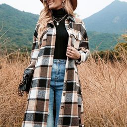 Mast & Harbour Khaki Coloured Checked Spread Collar Longline Open Front Jacket-picture-22