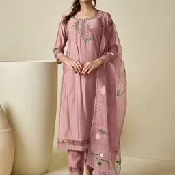 Inddus Floral Yoke Design Thread Work Chanderi Cotton Kurta &Trousers With Dupatta-picture-17