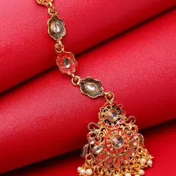 ANIKAS CREATION Gold-Plated Red & White Kundan & Pearl Hand-Painted Ganthan Enamelled Maang Tikka-picture-15