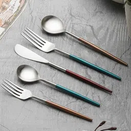 vareesha Radiant Multi-coloured Metallic Handles Matt Finish Stainless Steel Flatwareor Cutlery Set of Five image 1