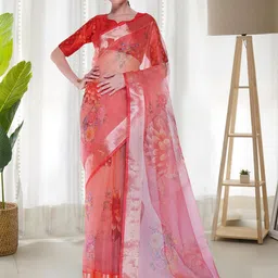 Mitera Peach-Coloured & Gold-Toned Floral Printed Zari Organza Saree-image-97
