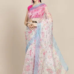 Anouk White & Pink Floral Celebrity Organza Saree image 1
