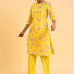 W Yellow & Purple Floral Printed Pure Cotton Kurta With Trousers-picture-32