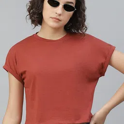 The Roadster Lifestyle Co Women Rust Brown Solid Round Neck Pure Cotton T-shirt-picture-40