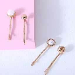 AMI Women Gold & White Set of 4 Embellished Bobby Pins-picture-26