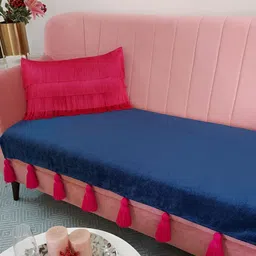THROWPILLOW Navy Blue & Pink Anti Slip Tassels 4 Seater Sofa Cover-picture-12