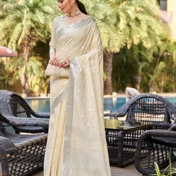 Mitera Beige & Grey Floral Embroidered Zari Pure Linen Banarasi Saree-image-47