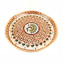 apka mart Beige & Red Textured Pooja Thali Plate With Peacock Design-picture-14