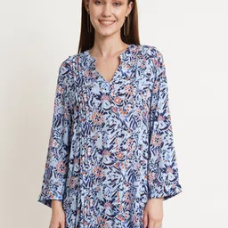 IX IMPRESSION Women Blue & Orange Floral Printed Mandarin Collar Shirt Style Top-picture-41