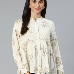 Oxolloxo Beige Printed Mandarin Collar Shirt Style Top-image-32