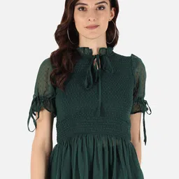 Trend Arrest Self Design Tie-Up Neck Smocked Dobby Peplum Top image 1