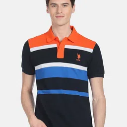 U.S. Polo Assn. Men Striped Polo Collar Slim Fit Pure Cotton T-shirt image 1