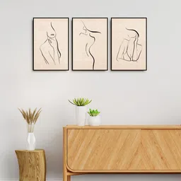 999Store Set Of 3 Nude & Black Printed Continuous Line Drawing Woman Art Framed Wall Painting-picture-35