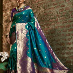 elora Women Blue & Gold-Toned Woven Design Zari Silk Blend Banarasi Saree-picture-11