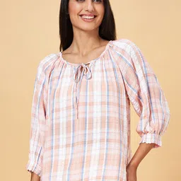 Honey by Pantaloons Checked Tie-Up Neck Cotton Blouson Top-picture-49