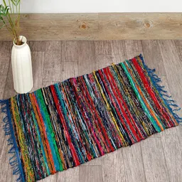 HANDICRAFT PALACE Blue & Red Hand Braided Chindi Cotton Rectangular Reversible Carpet image 1