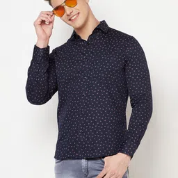 Crimsoune Club Men Navy Blue Slim Fit Floral Printed Pure Cotton Casual Shirt-picture-29