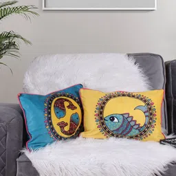STITCHNEST Yellow & Blue 2 Pieces Ethnic Motifs Printed Velvet Rectangle Cushion Covers-image-5