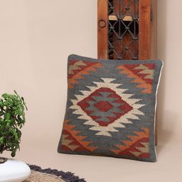 SANSKRUTIHOMES Grey & Orange Jute Cotton Ethnic Motifs Square Cushion Covers-picture-29