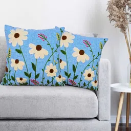 Vinayaka Fab Turquoise Blue & White 2 Pieces Floral Embroidered Linen Square CushionCovers-image-86