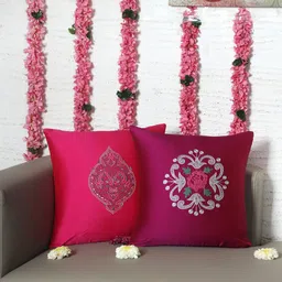 ZEBA Magenta & White 2 Pieces Embroidered Square Cushion Covers-picture-10