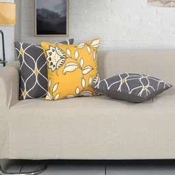 Ode & Cleo Grey & Yellow 3 Pcs Embroidered Pure Cotton Square Cushion Covers-picture-21