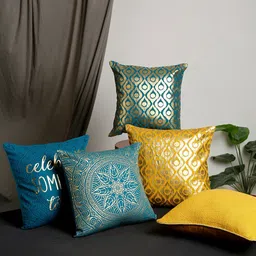 BLANC9 Blue & Green 5 Pieces Ethnic Motifs Cotton Square Cushion Covers-image-17