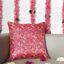 ZEBA Red & Yellow Brocade Silk Square Cushion Cover-picture-16