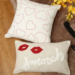 eyda Valentine White & Beige 2 Pieces Embroidered Cotton Cushion Covers-image-40
