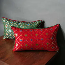 RoyalDeco Red & Green 2 Pieces Geometric Rectangle Cushion Covers-image-6