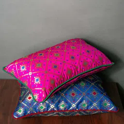 RoyalDeco Pink & Blue 2 Pieces Ethnic Motifs Brocade Rectangular Cushion Covers-picture-26