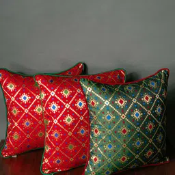 RoyalDeco Red & Green 3Pcs Geometric Brocade Square Cushion Covers-image-27