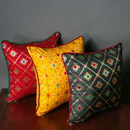 RoyalDeco Red & Yellow 3 Pieces Geometric Brocade Square Cushion Covers-image-28