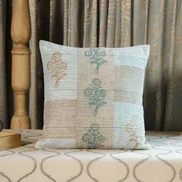Aura Green & White Floral Cotton Square Cushion Cover-image-42