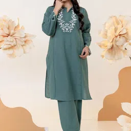 MISRI Floral Embroidered Notch Neck Thread Work Pure Cotton Straight Kurta With Trousers-image-33