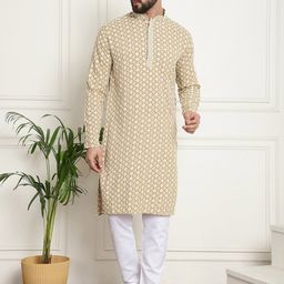 SOJANYA Floral Embroidered Mandarin Collar Long Sleeves Thread Work Pure Cotton Kurta Set-picture-6