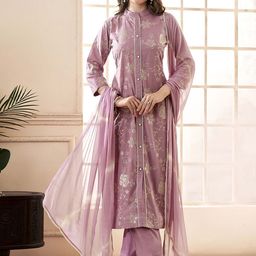 Anouk Floral Embroidered Thread Work Pure Cotton Straight Kurta With Trousers & Dupatta-picture-9