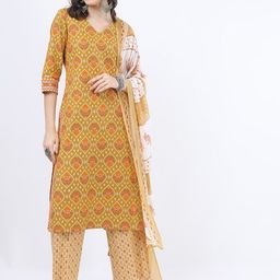 Vishudh Women Mustard Yellow Ethnic Motifs Printed Pure Cotton Kurti with Trousers & With Dupatta-picture-34