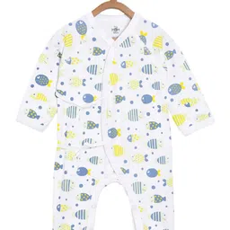 The Mom Store Infant Kids White & Blue Printed Pure Organic Cotton Rompers-picture-51