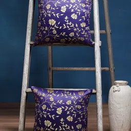 Alina decor Navy Blue & Gold Set of 2 Floral Square Cushion Covers-image-61