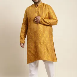 SOJANYA PLUS Men Mustard Yellow & Golden Jacquard Silk Woven Design Straight Kurta-picture-11