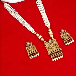 MANSIYAORANGE Gold-Plated Stone Studded & beaded Temple Theme Necklace & Earrings-picture-38